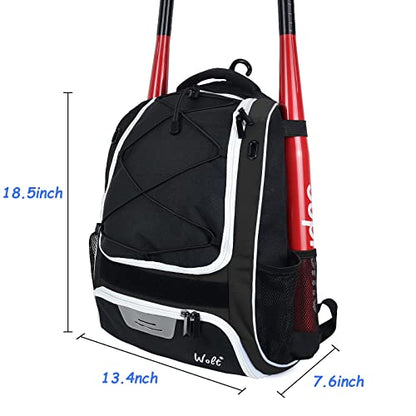 WOLT Youth Baseball Bag - Bat Backpack for Baseball, T-Ball & Softball Equipment & Gear, Bat & Glove Holder, Large Main Compartment for Helmet & accessories, Separate Shoes Compartment, Fence Hook - color: Black