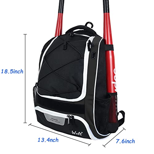 WOLT Youth Baseball Bag - Bat Backpack for Baseball, T-Ball & Softball Equipment & Gear, Bat & Glove Holder, Large Main Compartment for Helmet & accessories, Separate Shoes Compartment, Fence Hook - color: Black