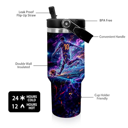 30 oz Tumbler with Handle Flip Straw Leak Proof - Soccer Cup 30oz Tumbler Travel Coffee Mug with Handle - Birthday Gifts for Women Men Soccer Lovers Fans 30 Ounce Stainless Steel Cup - color: Soccer 10
