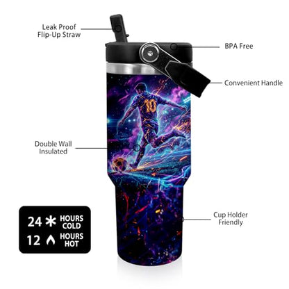 30 oz Tumbler with Handle Flip Straw Leak Proof - Soccer Cup 30oz Tumbler Travel Coffee Mug with Handle - Birthday Gifts for Women Men Soccer Lovers Fans 30 Ounce Stainless Steel Cup - color: Soccer 10