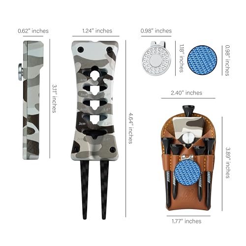 SANDIAN, All-in-1 Value Pak, Adjustable Golf Tee Height Setter with Divot Tool, Genuine Carbon Fiber Made Pitchfork, Super Lightweight, T800 Ball Marker, Hat Clip, Tees, Leather Holster, Zipper Case - color: Camouflage Full