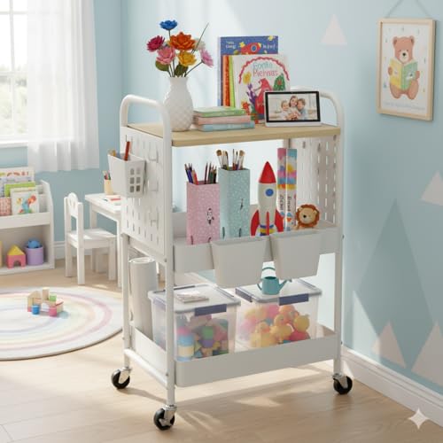 danpinera 3 Tier Rolling Cart with Wooden Table Top, White Rolling Utility Cart with DIY Pegboards & Locked Wheels, Easy Assembly for Nursery, Living Room, Studio - color: White, size: without drawer