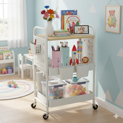 danpinera 3 Tier Rolling Cart with Wooden Table Top, White Rolling Utility Cart with DIY Pegboards & Locked Wheels, Easy Assembly for Nursery, Living Room, Studio - color: White, size: without drawer