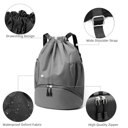 Valleycomfy Sports Drawstring Backpack - Water Resistant String Bag with Shoe Compartment Gym Backpack for Women & Men Dark Grey - color: A-dark Grey