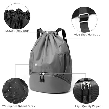 Valleycomfy Sports Drawstring Backpack - Water Resistant String Bag with Shoe Compartment Gym Backpack for Women & Men Dark Grey - color: A-dark Grey