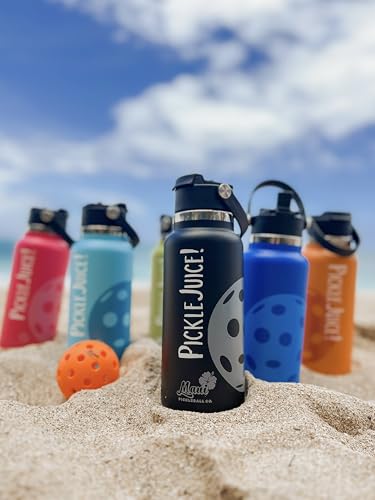 Maui Pickleball Co.™ Pickleball Water Bottle 32oz Insulated Stainless Steel Water Bottle PickleBall Accessories Pickleball Gifts Sip/Swig Lid with Carry Handle - color: Black Lava Sip/Swig