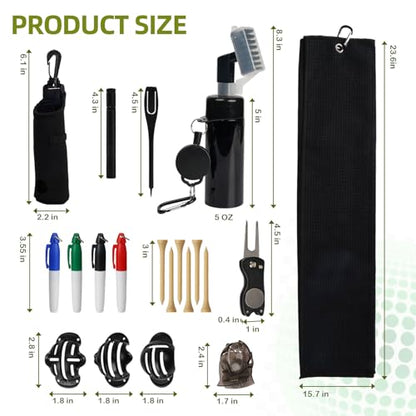 20PCS Golf Accessories Kit with Golf Club Cleaner Brush,Divot Tool and Ball Marker,Groove Sharpener,Golf Tees, Ball Bag&Towel with Hook,Golf Essentials Kit Gift for Men/Women(20, Black)