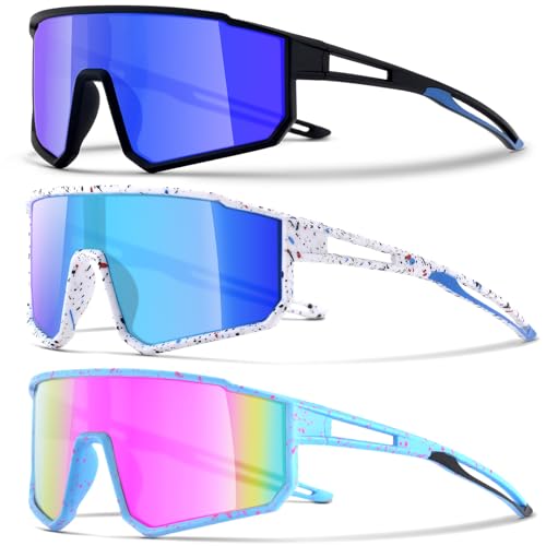 3PACK Kids Sunglasses for 6-14 Boys Girls, Youth Baseball and Cycling UV400 Protection Goggles - color: 3pcs-black Blue+white Blue+blue Pink-k01