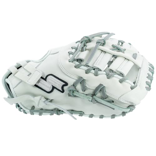 SSK FP5 Fastpitch Softball First Base Mitt 12.5” – 13” Right & Left Hand Throw Premium Full Leather Softball Glove - color: White/Grey, size: 13" - Left Hand Throw