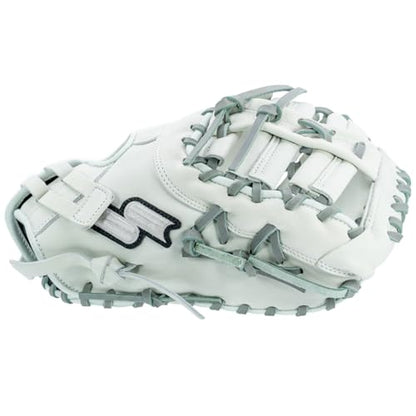 SSK FP5 Fastpitch Softball First Base Mitt 12.5” – 13” Right & Left Hand Throw Premium Full Leather Softball Glove - color: White/Grey, size: 13" - Right Hand Throw