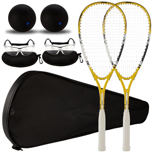 2 Pack Beginner Squash Racquet Set Includes Racquets with Racket Bags Anti Fog Goggles Cases Blue Dot Ball Indoor Gym Sports for Beginners Novice Training Recreational Play - color: Yellow