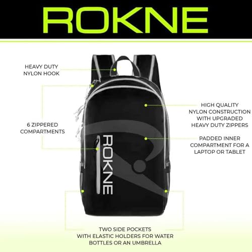 Rokne Pickleball Backpack - Durable Nylon Sports Bag with 2 Paddle Compartments - Fits 6+ Paddles, Balls, Shoes & Gear - Padded Straps, Fence Hook & Multiple Pockets for Court & Travel | Black