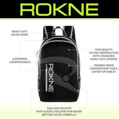 Rokne Pickleball Backpack - Durable Nylon Sports Bag with 2 Paddle Compartments - Fits 6+ Paddles, Balls, Shoes & Gear - Padded Straps, Fence Hook & Multiple Pockets for Court & Travel | Black