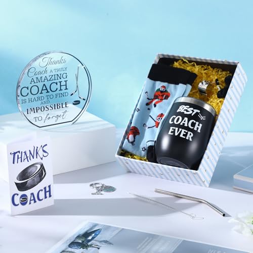 Nitial 6 Pcs Coach Gifts for Men Women Hockey Coaches Appreciation Gift Set Include 12 oz Best Coach Ever Tumble Hockey Whistle Acrylic Decorative Socks Keychain Card Gift