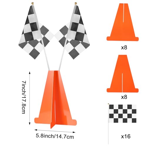 Affrolling Racing Car Party Decorations Include 6 Orange Traffic Cones and 12 Checkered Flags Mini Black and White 7 Inch Cardboard Cones for Race Car Theme Birthday Party Decorations