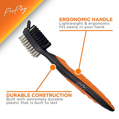 ProPlay Golf Club Brush and Groove Cleaner - Retractable Zip-line Aluminum Carabiner | Lightweight and Ergonomic Design | Easily Attaches to Golf Bag - color: Orange