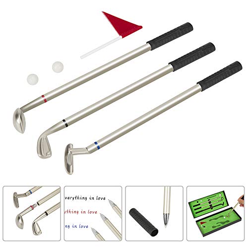 Golf Pen Set, Mini Desktop Golf Ball Pen, Top Golf Gift with Putting Green, 3 Golf Clubs Pens with Balls and Flag