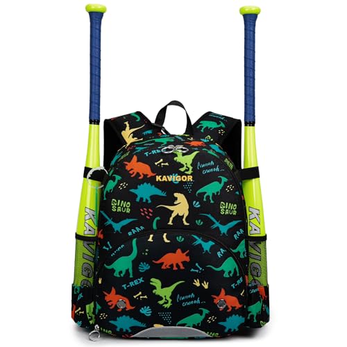 KAVIGOR Youth Tball Baseball Backpack, Lightweight Softball Bag with Shoes Compartment & Name Tag, Reinforced Zippers & Seams - color: Midnight T-Rex