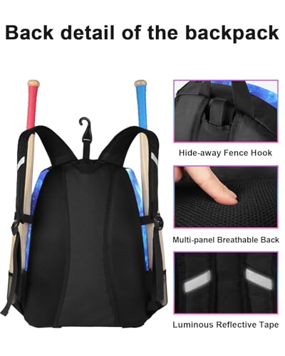 MATEIN Softball Bag, Lightweight Baseball Backpack with Shoe Compartment, Baseball Bag with Fence Hook for TBall Bat & Equipment, Softball Gifts Catchers Backpack for Women Fit Catcher’s Mitt, Helmet - color: Galaxy Blue - Large