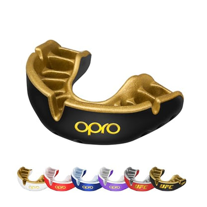 OPRO Gold Level Moldable Mouth Guard Premium Fit (Black/Gold) Adult & Kids Boxing Mouthguard for MMA & Impact Sports, Easy Self-Fit Mouth Guard for Sports, Football & Hockey - Includes Case