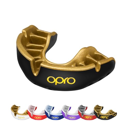OPRO Gold Level Moldable Mouth Guard Premium Fit (Black/Gold) Adult & Kids Boxing Mouthguard for MMA & Impact Sports, Easy Self-Fit Mouth Guard for Sports, Football & Hockey - Includes Case