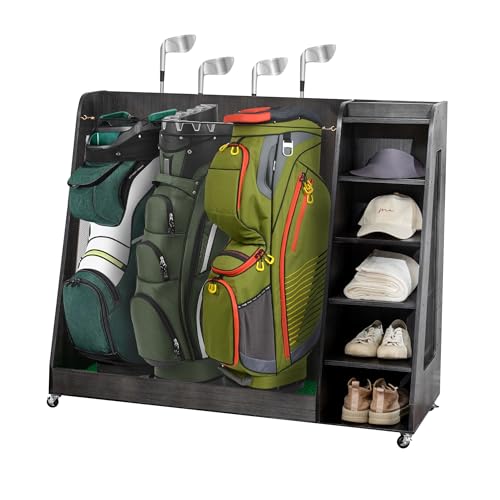 Wooden Golf Bag Organizer for Garage, Golf Storage Rack with 360° Wheels for Golf Bags, Clubs, Golf Accessories - color: Black, size: 47.2 inch for 3 Golf Bags