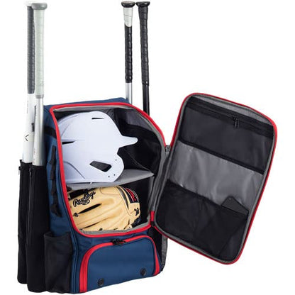 Tournament Backpack Baseball Bag, Large Capacity Bat Holder, Softball Bag with Shoe Compartment and Fence Hook, Red/White/Blue