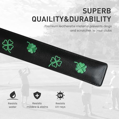 FINGER TEN Golf Alignment Stick Cover Headcover Rods Holder Case Leather 14''× 2'' in USA Black White Green Hold At Least 2 Sticks - color: Black-Lucky Clover