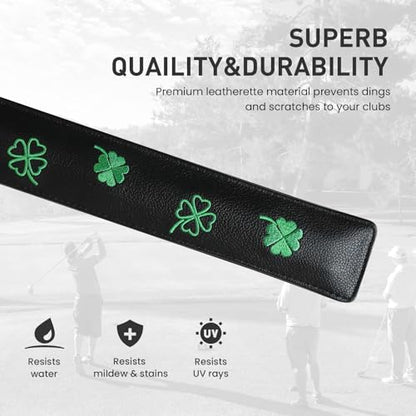 FINGER TEN Golf Alignment Stick Cover Headcover Rods Holder Case Leather 14''× 2'' in USA Black White Green Hold At Least 2 Sticks - color: Black-Lucky Clover