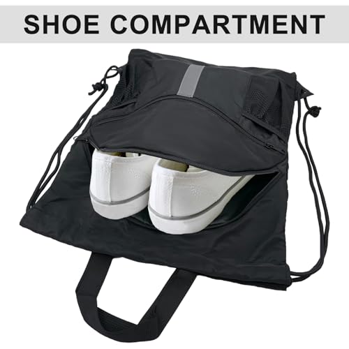 Drawstring Backpack with Shoes Compartment Waterproof Large String Cinch Beach Pool Bag for Swim Sports Gym(Black) - color: Black