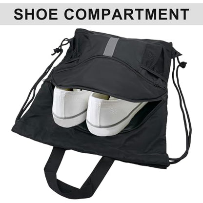 Drawstring Backpack with Shoes Compartment Waterproof Large String Cinch Beach Pool Bag for Swim Sports Gym(Black) - color: Black
