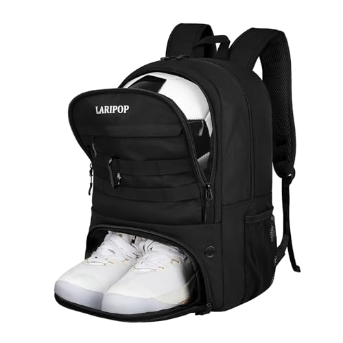 LARIPOP Soccer Backpack with Ball Holder & Shoe Compartment Large Capacity Youth Sports Bag for Training - color: black