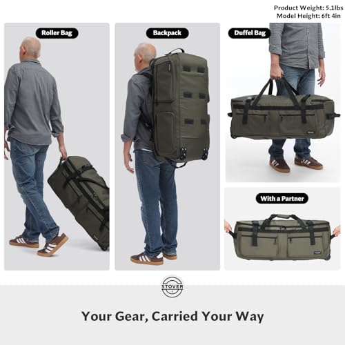 STOVER 45/80/100L U-Zip Rolling Duffel Bag with Wheels, X-Large Durable Travel Duffle + Toiletry Bag, Lay-Flat Opening, Packable w/Shoulder Straps- Use as Luggage or Backpack, Men/Women (Green) - color: U-Zip Green