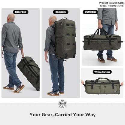 STOVER 45/80/100L U-Zip Rolling Duffel Bag with Wheels, X-Large Durable Travel Duffle + Toiletry Bag, Lay-Flat Opening, Packable w/Shoulder Straps- Use as Luggage or Backpack, Men/Women (Green) - color: U-Zip Green