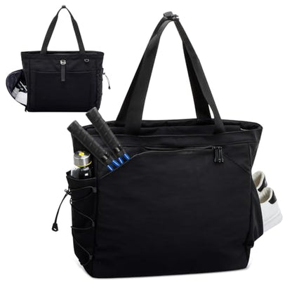 Tennis Gym Bag for Women, Tennis Tote Bag with Shoe Compartment & Wet Pocket, Tennis Racket Bag Holds 2-4 Rackets, Weekend Bag with Laptop Compartment for Men & Women - color: Black