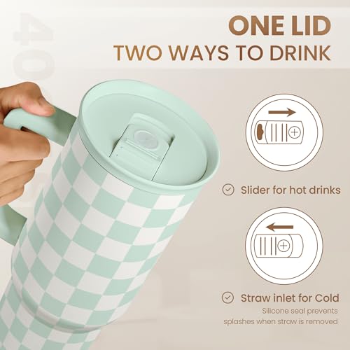Checkered Tumbler with Handle 40oz, Mint Checker Cup Stainless Steel Insulated Tumblers Coffee Travel Mug Cups with Straw, Gifts for Women Girls Teen Birthday Christmas - color: Checker