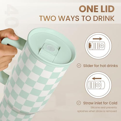 Checkered Tumbler with Handle 40oz, Mint Checker Cup Stainless Steel Insulated Tumblers Coffee Travel Mug Cups with Straw, Gifts for Women Girls Teen Birthday Christmas - color: Checker