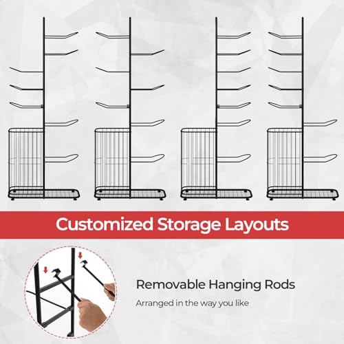 GYMAX Sports Equipment Organizer, Basketball Rack 7-Tier with Removable Hanging Rods, Side Ball Basket, Adjustable Foot Pads, Sports Organizer for Garage, Toy Organizer