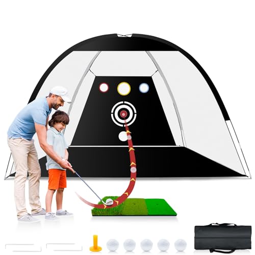 Golf Net - Upgraded All-in-One 10x7ft Golf Practice Net with 5 Real Balls, Tri-Turf Mat and Portable Bag, Durable Hitting Nets for Backyard Driving Swing Outdoor