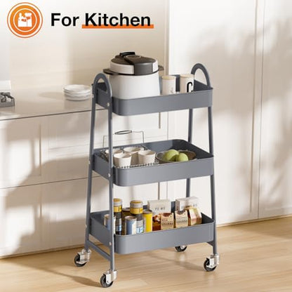 NEWBULIG 3-Tier Metal Rolling Cart with Lockable Wheels, Heavy Duty Mobile Utility Storage Shelf, Roller Book Snack Cart, Grey - color: Gray, size: 3 Shelves