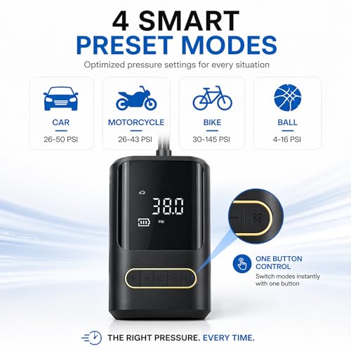 Portable Bike Air Compressor – Mini Electric Tire Pump with Auto Shut-Off, Multi-Valve Compatible, Rechargeable Tire Inflator for Bikes, Cars & E-Bikes