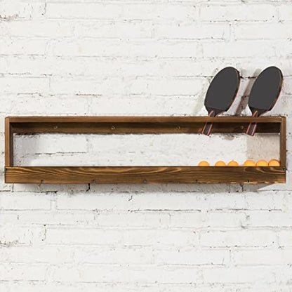 MyGift Wall Mounted Ping Pong Paddle Holder, Burnt Wood Table Tennis Racket Display Rack with Ball Storage Shelf - color: Burnt Wood