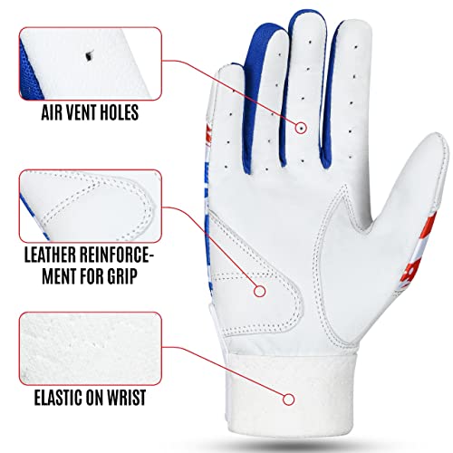Batting Gloves Softball Batting Gloves USA Flag Baseball Batting Gloves American Flag Baseball Batting Gloves for Youth Adult & Unisex (White) - size: Medium, style: Youth