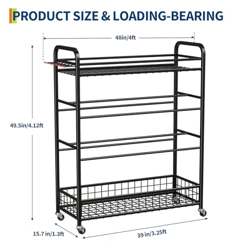 Heavy Duty Rolling Sports Equipment Organizer 4-Tier Ball Storage Rack for Basketball Soccer Football Volleyball with Side Hooks Lockable Casters/Garage Cart Indoor Outdoor Gym Home School Playground