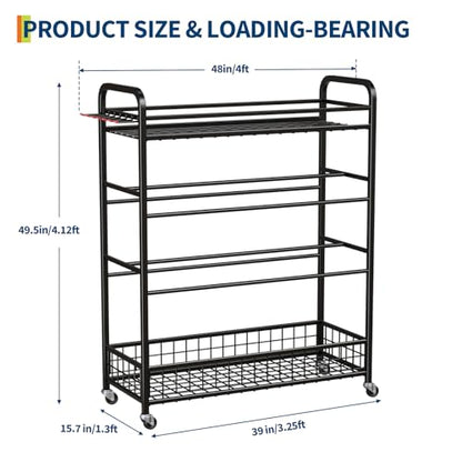 Garvee Basketball Rack, Rolling Basketball Training Stand, Sports Equipment Storage with Wheels, Four-Layer Organizer Holder with Two Basket for Basketballs Footballs Volleyball