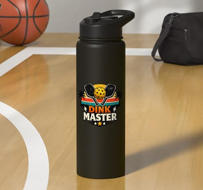 Dink Master Funny Pickleball Player Paddle Sports Stainless Steel Insulated Water Bottle - color: Black