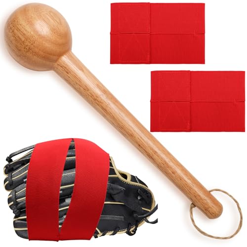 Baseball Glove Break in Kit, One-Piece Solid Wooden Baseball Glove Mallet and Three Colors Glove Wrap Straps for Baseball Glove and Softball Glove, Fit Adult Youth Kids Catcher Mitt - color: red