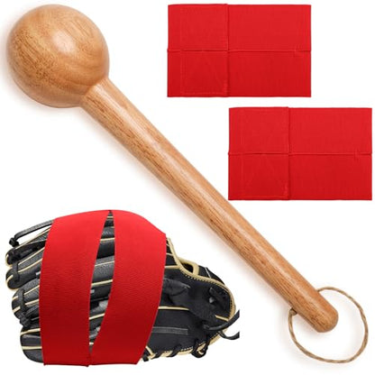 Baseball Glove Break in Kit, One-Piece Solid Wooden Baseball Glove Mallet and Three Colors Glove Wrap Straps for Baseball Glove and Softball Glove, Fit Adult Youth Kids Catcher Mitt - color: red
