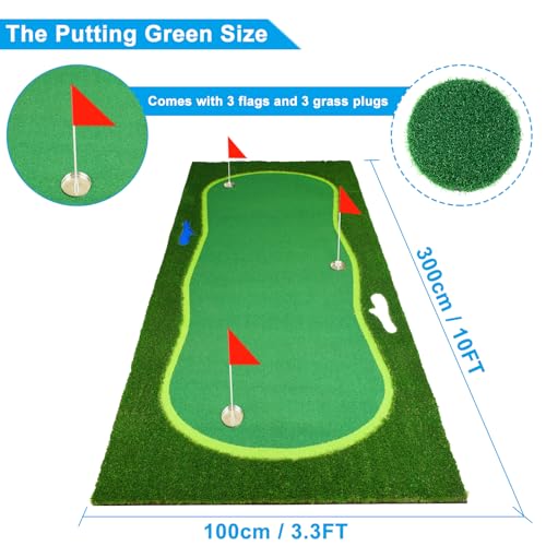 Golf Putting Green, Large Professional Golf Training Mat, Realistic Artificial Grass Turf,Golf Turf Mat with 3 Flags, Golf Game Kids, Putting Practice Green Mat for Indoor Outdoor - size: 3.3X10ft