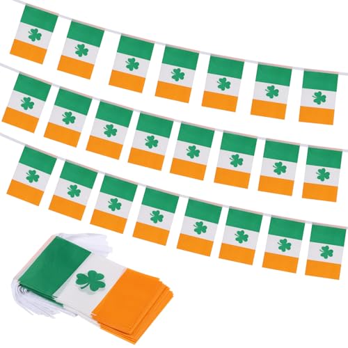 Ireland Shamrock Flag Banner, Small Mini Irish Flags Patriotic Decoration for St Patrick’s Day Party, Classroom, Sports Events, 33 Feet 30 Flags - color: Ireland Shamrock Flag